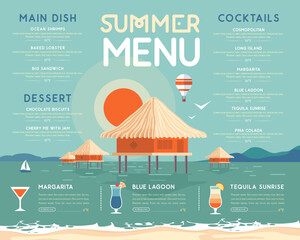 Retro summer cocktail menu design with ocean waves, beach, palm trees and bungalow. Vector illustration © annbozhko