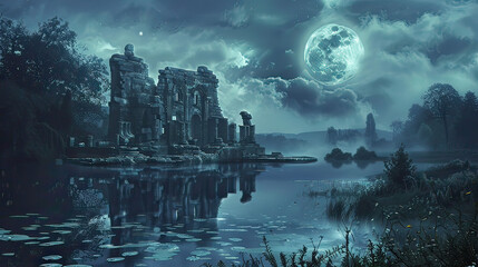 Naklejka premium Mystical Moonlit Lake Ancient Ruins Submerged Beneath AI Generative