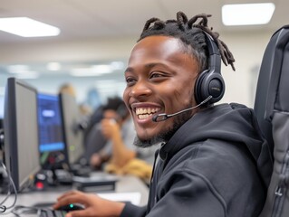 Smiling customer service representative using a laptop and headset in a modern office setting