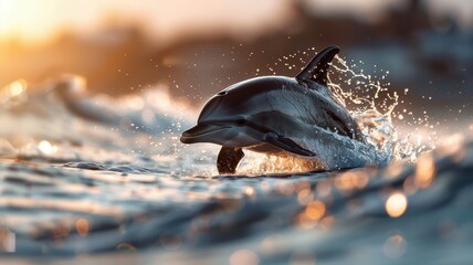Dolphin riding waves, surfboard, dynamic splash, frothy sea, exciting beach scene, adventurous and vibrant.