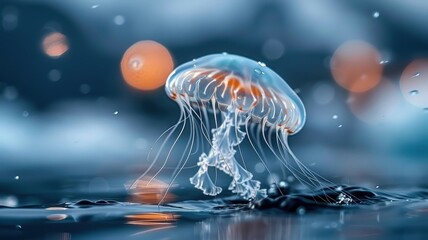 Jellyfish in icy polar waters, bioluminescent glow contrasting with cold, dark environment, striking and unique.