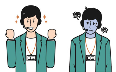 カスタマーセンターの社員証をつけた男性の絶好調/不調ポーズ