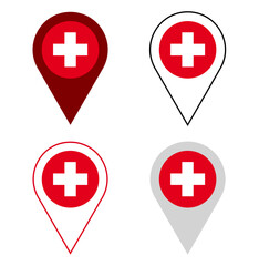 Fototapeta premium Swiss flag pointer Switzerland map pin location sign vector suisse red cross hospital pharmacy icon first aid symbol