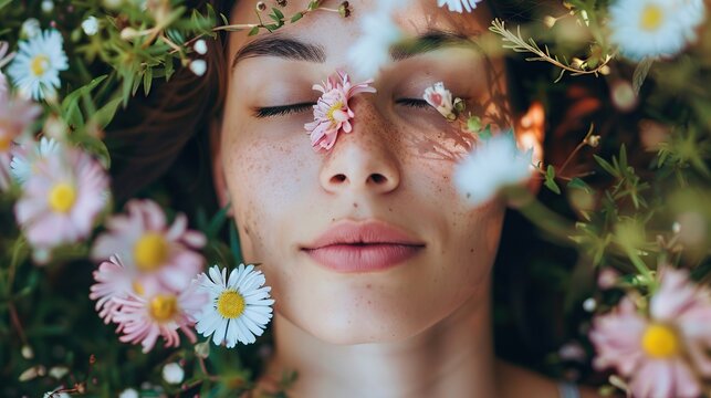 A woman is laying in a field of flowers with her face covered in them. She is relaxed and enjoying the moment
