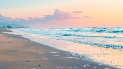 Fototapeta premium A beach at sunset with a pink and blue sky.