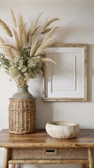 Fototapeta premium A rustic wooden table is adorned with a decorative arrangement. 