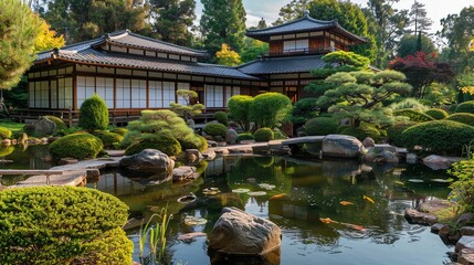Fototapeta premium A Japanese garden with a pond and a traditional wooden building.