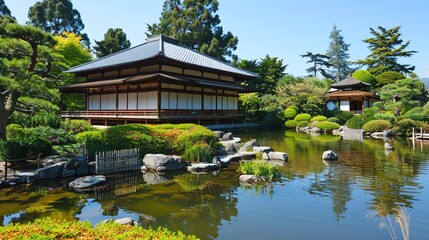 A traditional Japanese garden with a pond and two wooden structures.