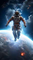 Fototapeta premium An astronaut floats in space, gazing down at a fiery planet. The sky is dark blue with clouds and stars.