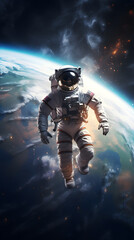 An astronaut floats in space above a blue planet with a starry background. 