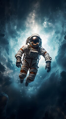 An astronaut floats in space, surrounded by swirling clouds and a scattering of stars. The scene is both beautiful and mysterious, evoking a sense of wonder and adventure.