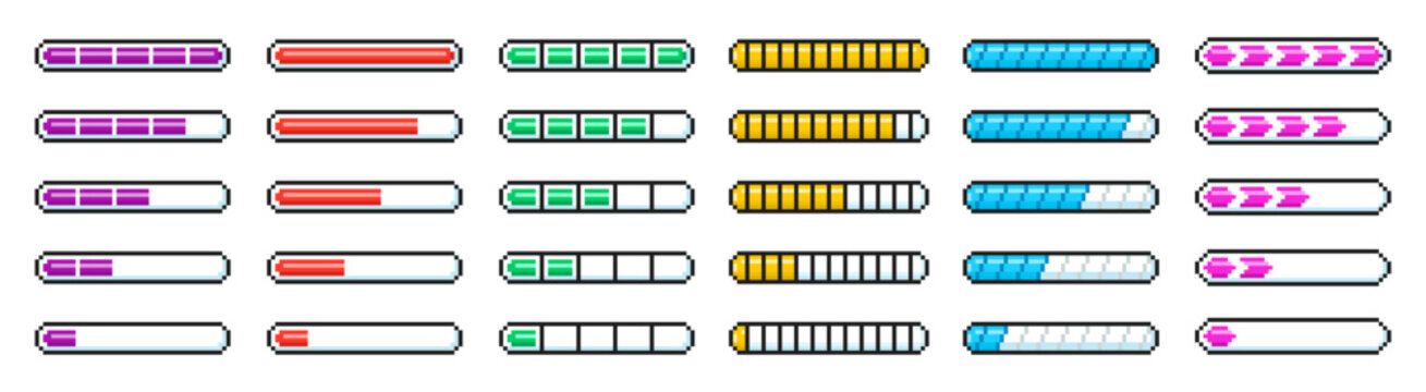Loading progress bar in 90s style. 8 bit loader process status. Pixel art style vector illustration.