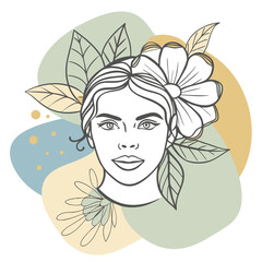 Modern abstract line minimalistic women faces arts with different shapes for wall decoration, postcard or brochure cover design. lineart vector illustration women face with flower color blobs style