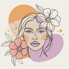 Modern abstract line minimalistic women faces arts with different shapes for wall decoration, postcard or brochure cover design. lineart vector illustration women face with flower color blobs style