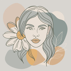 Modern abstract line minimalistic women faces arts with different shapes for wall decoration, postcard or brochure cover design. lineart vector illustration women face with flower color blobs style