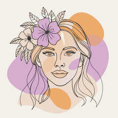 Modern abstract line minimalistic women faces arts with different shapes for wall decoration, postcard or brochure cover design. lineart vector illustration women face with flower color blobs style