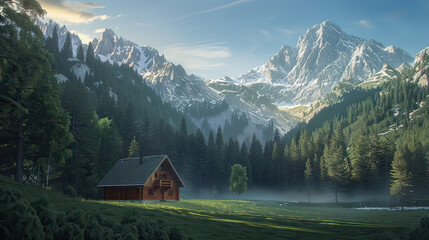 Serene Mountain Landscape A Solitary Cabin Nestled Background AI Generative
