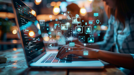 Closeup image of a business man's hands working and typing on laptop computer keyboard on office table.Business intelligence.