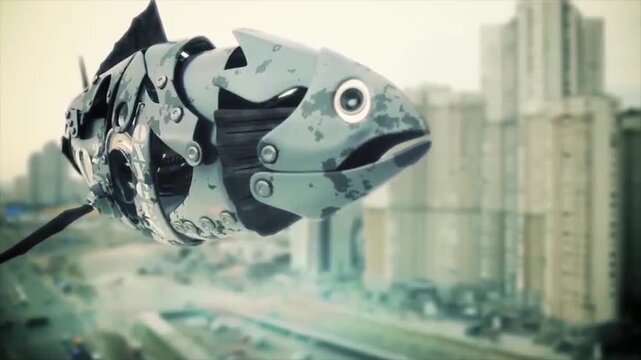 bstraction - a robot fish flies over the city - steampunk