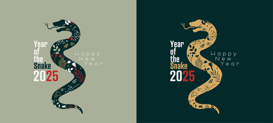 Happy New Year 2025 card set. Year of the Snake.
