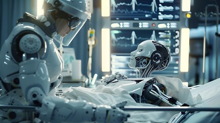 Futuristic medical scene where a robot conducts a thorough physical examination with the help of sophisticated sensors and imaging technology while a doctor assesses the results from a remote location