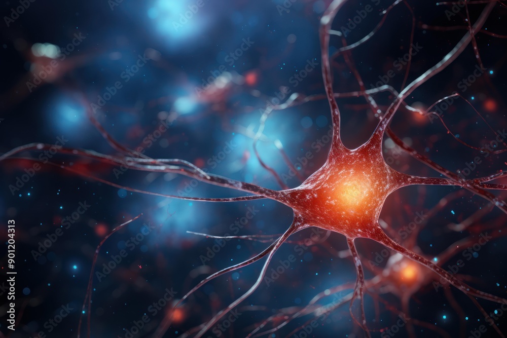 Poster close-up 3d rendering of neural network synapse in high resolution, showcasing the intricate connect