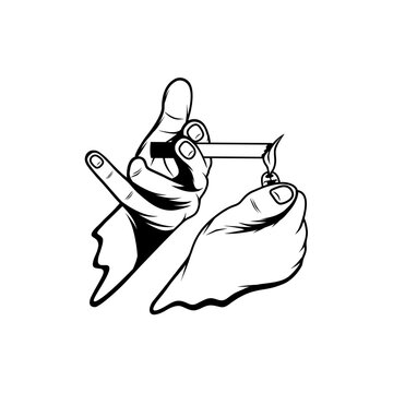 recommend clip art: lighting a cigarette between fingers with a black and white lighter vector line art
