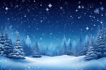 Naklejka premium Serene and magical enchanted winter forest scene with snowy landscape, starry night, pine trees, and snowflakes, creating a peaceful and tranquil nature wonderland backdrop for the holiday season