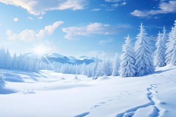Obraz premium Serene and tranquil winter wonderland landscape covered in pristine. Untouched snow. With frosty trees and a sparkling. Icy forest at sunrise in the cold. Frost-covered morning light under a clear