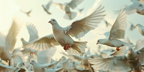 Obraz premium Flock of white pigeons in flight