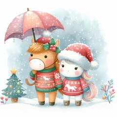 Two cute cartoon horses in winter sweaters and Santa hats walking together under an umbrella in the snow.