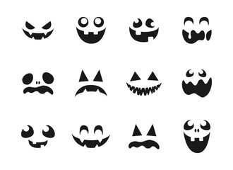 Scary Monster Faces Silhouette Set. Jack O Lantern Face Halloween Pumpkin Icon Collection. Simple Creepy Horror Illustrations.