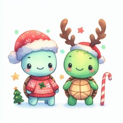 Fototapeta premium Two cute cartoon turtles wearing Santa hats and Christmas sweaters, one with reindeer antlers, isolated on white background.