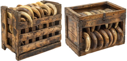 Ivory tusks in a wooden chest
