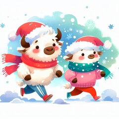 Two cute cartoon yaks wearing winter clothes and santa hats run through the snow.