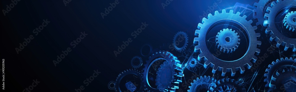 Fototapete Abstract blue digital technology background with gears and cogs, dark blue banner for web design. A close up of gears in a blue background. Digital low poly 3d gears.