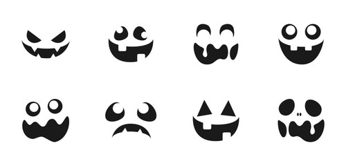 Fototapeta premium Scary Monster Faces Silhouette Set. Jack O Lantern Face Halloween Pumpkin Icon Collection. Simple Creepy Horror Illustrations.