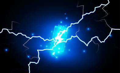 Abstract technology Hitech communication concept of electronic in digital, charged batteries, bolt lighting, hand power protection, vector design. 