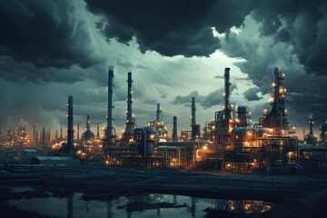 Naklejka premium Stunning nocturnal view of a busy, illuminated industrial complex under a brooding, cloud-filled sky