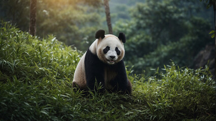 Naklejka premium Panda sits in a green clearing near bamboo