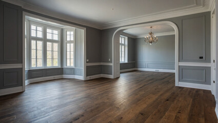 Obraz premium room in gray tones without furniture just after renovation. large windows, arch in the middle of the room