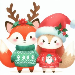 Fototapeta premium Two cute foxes wearing Christmas sweaters and hats. The fox on the left has reindeer antlers and a holly wreath. The fox on the right wears a Santa hat.