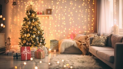 Cozy living room with Christmas tree, decorations, and presents. Warm holiday atmosphere with...