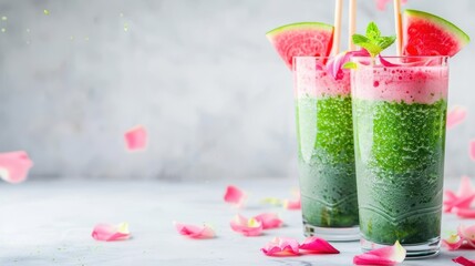 Watermelon and mint smoothies in tall glasses with petals on a light background. Refreshing summer beverage concept.

