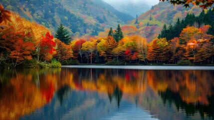 Obraz premium Colorful autumn trees reflected in the lake. Autumn landscape with colorful autumn trees.