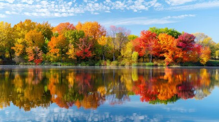 Colorful autumn trees reflected in the lake. Autumn landscape with colorful autumn trees.