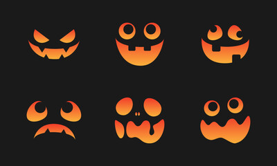 Scary Monster Faces Set. Jack O Lantern Face Halloween Pumpkin Icon Collection. Simple Creepy Horror Illustrations.