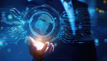 A professional hand holds a digital globe, symbolizing global connectivity and technology in a futuristic landscape.