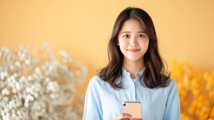Fototapeta premium Smiling woman using smartphone with floral background