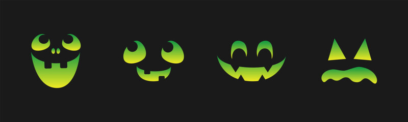 Scary Monster Faces Set. Jack O Lantern Face Halloween Pumpkin Icon Collection. Simple Creepy Horror Illustrations.